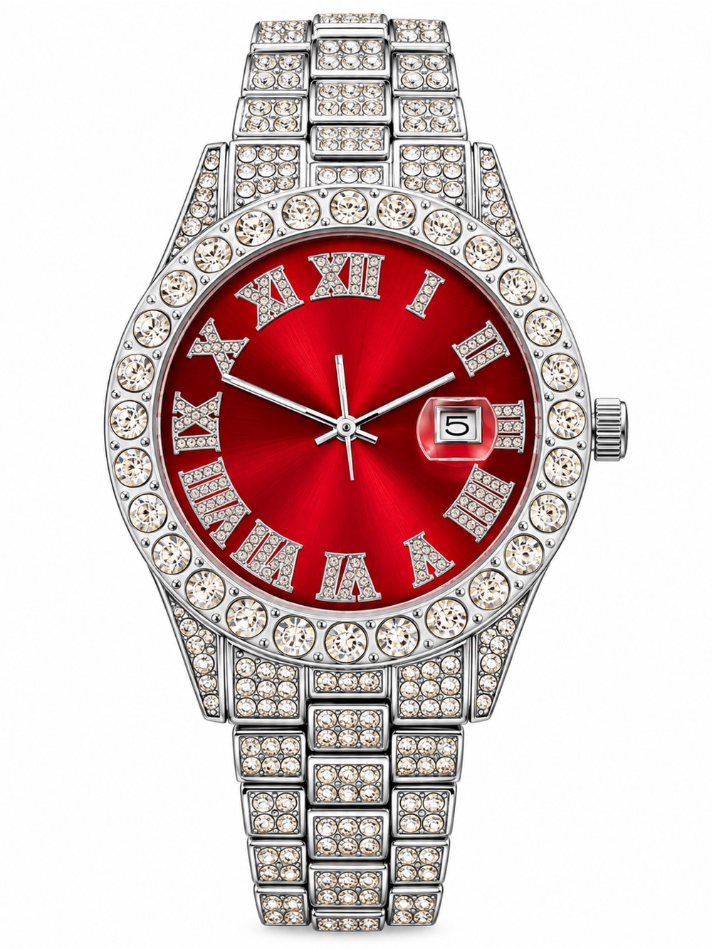 Luxury Red Dial Iced Out Crystal Watch – Silver Tone Bling Statement Piece